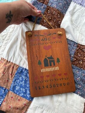 Folk Art Wooden Hanging Plaque with House and Hearts
